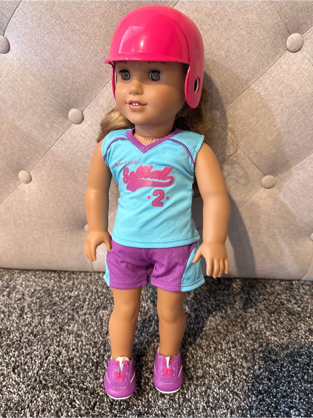 American Girl Aqua & Purple Softball Outfit with Pink Helmet (Doll Not Included)